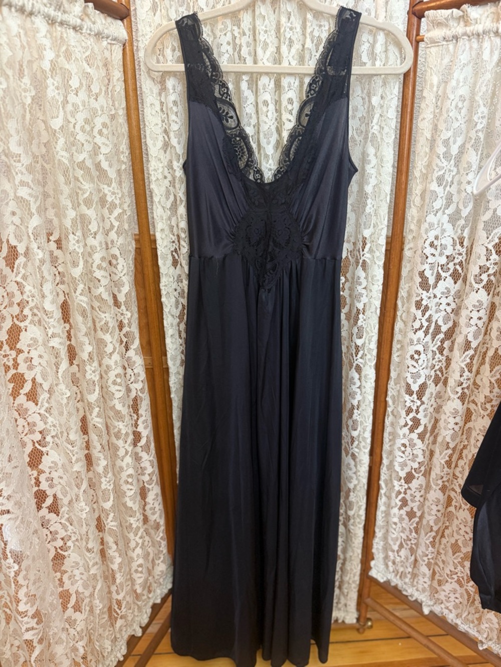 Vintage Olga black lace maxi nightgown
